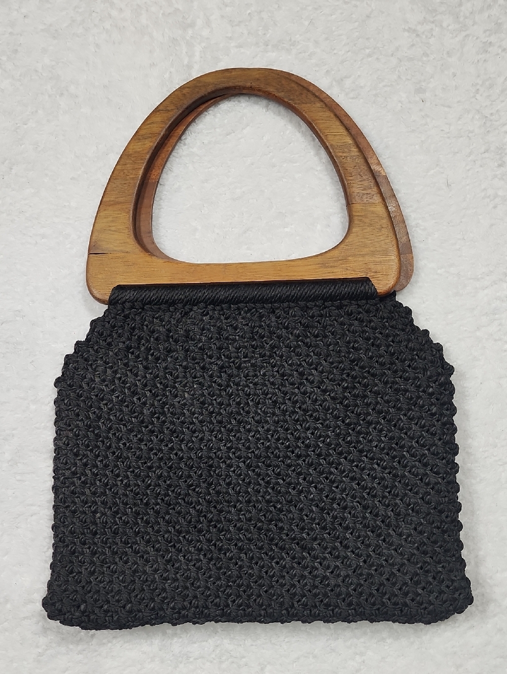 Vintage Handmade Black Macrame Handbag With Wooden Handle